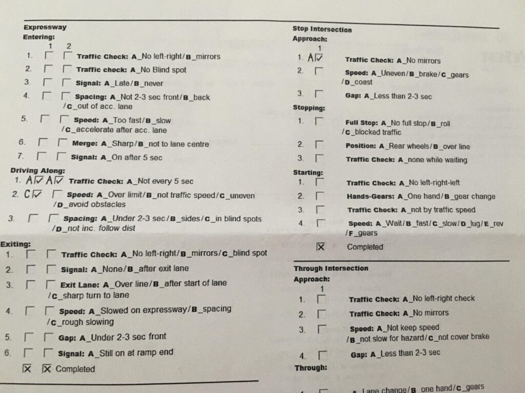 the G Road Test Examiner Sheet in Ontario